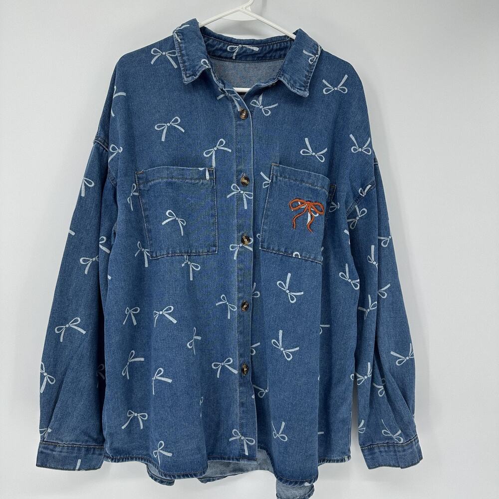 Dazy Womens XL Denim Shirt Embroidered Bows Button Down Coquette Long Sleeve